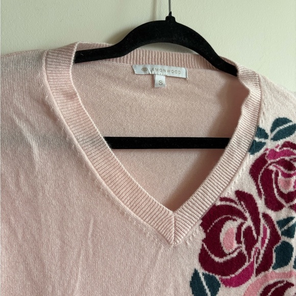 Lemonwood Wool-Cashmere Pink Floral V-neck Pullover Sweater Size Small - Picture 7 of 8